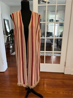 Cato Striped Fringe Long Vest in Red, Pink, Tan